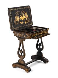A Chinese Export Black Lacquer and Parcel Gilt Needlework Table