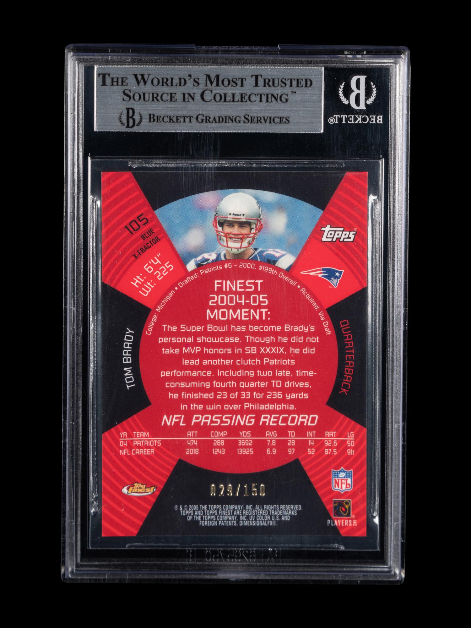 A 2005 Topps Finest Tom Brady Blue XFractors Football Card No. 105 (BGS 8.5 NM-MT+)