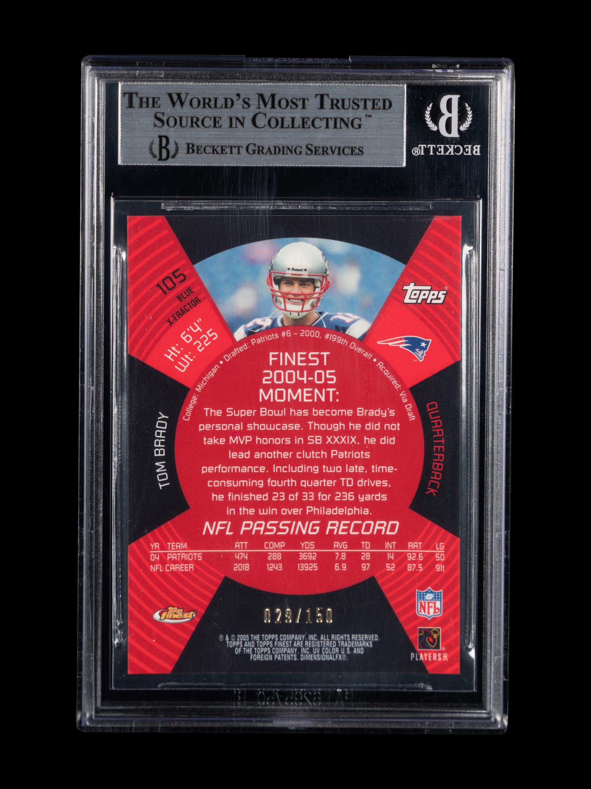 A 2005 Topps Finest Tom Brady Blue XFractors Football Card No. 105 (BGS 8.5 NM-MT+)