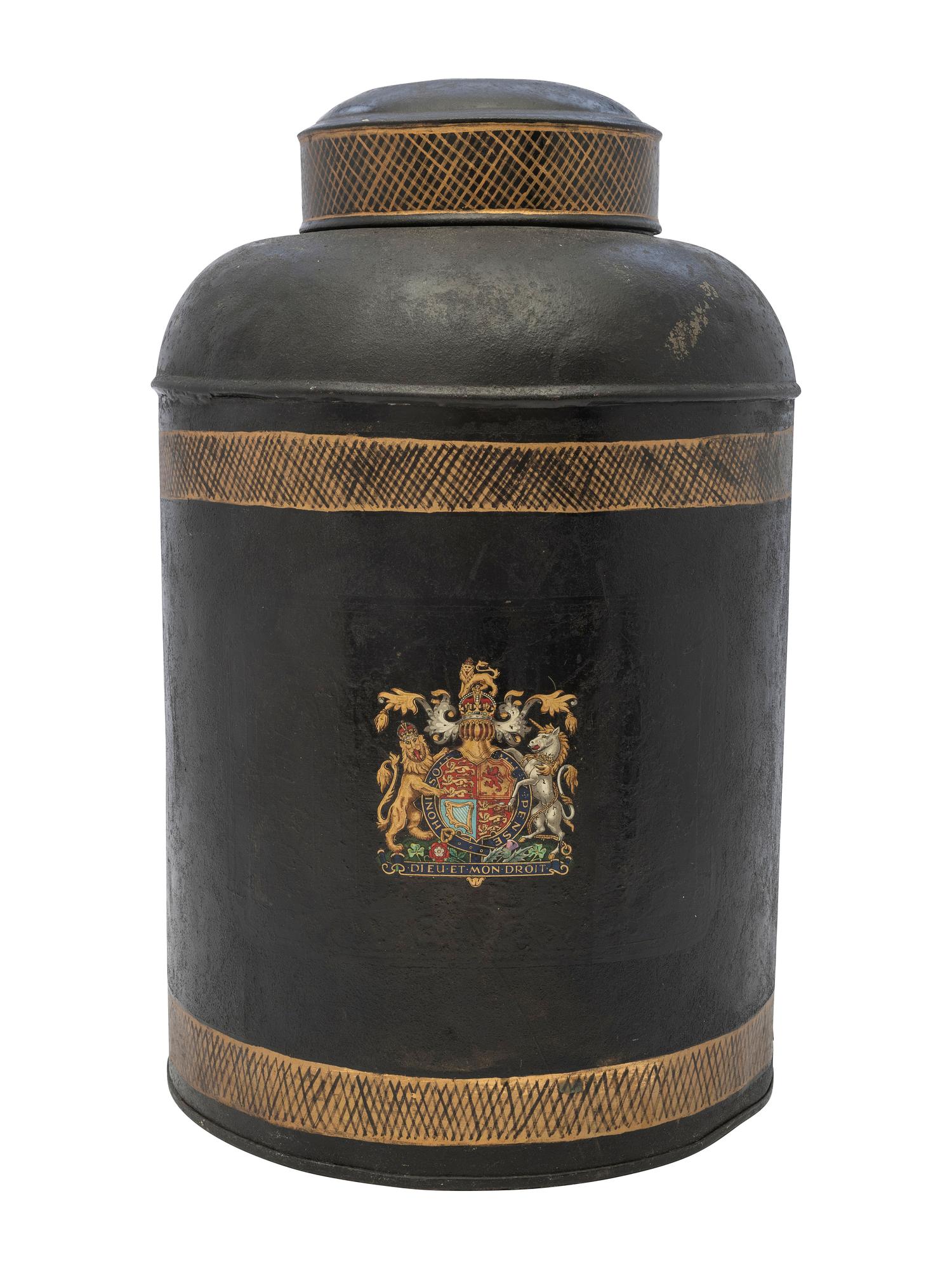 An English Armorial Tole Painted Tea Canister
