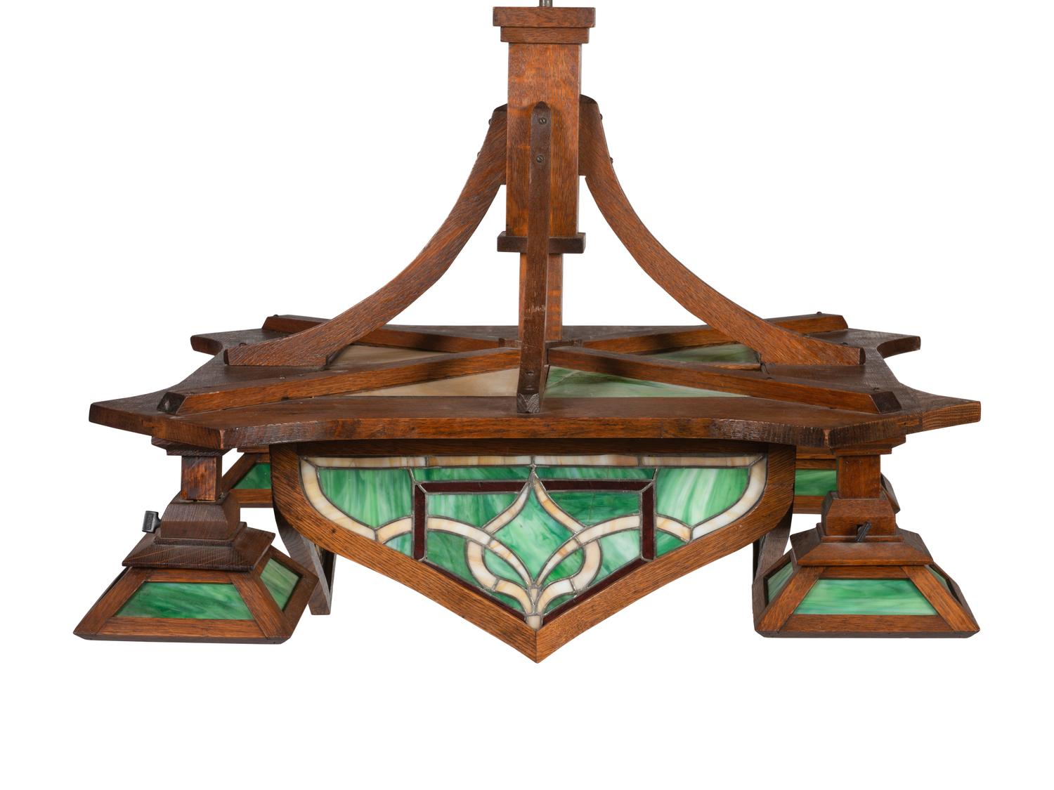 An Oak and Stained Glass Arts and Crafts Hanging Lamp