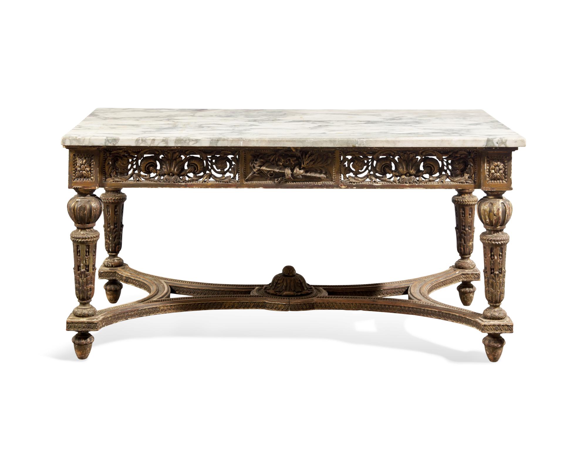 A Louis XVI Style Carved and Giltwood Center Table with Breccia Capraia Marble Top