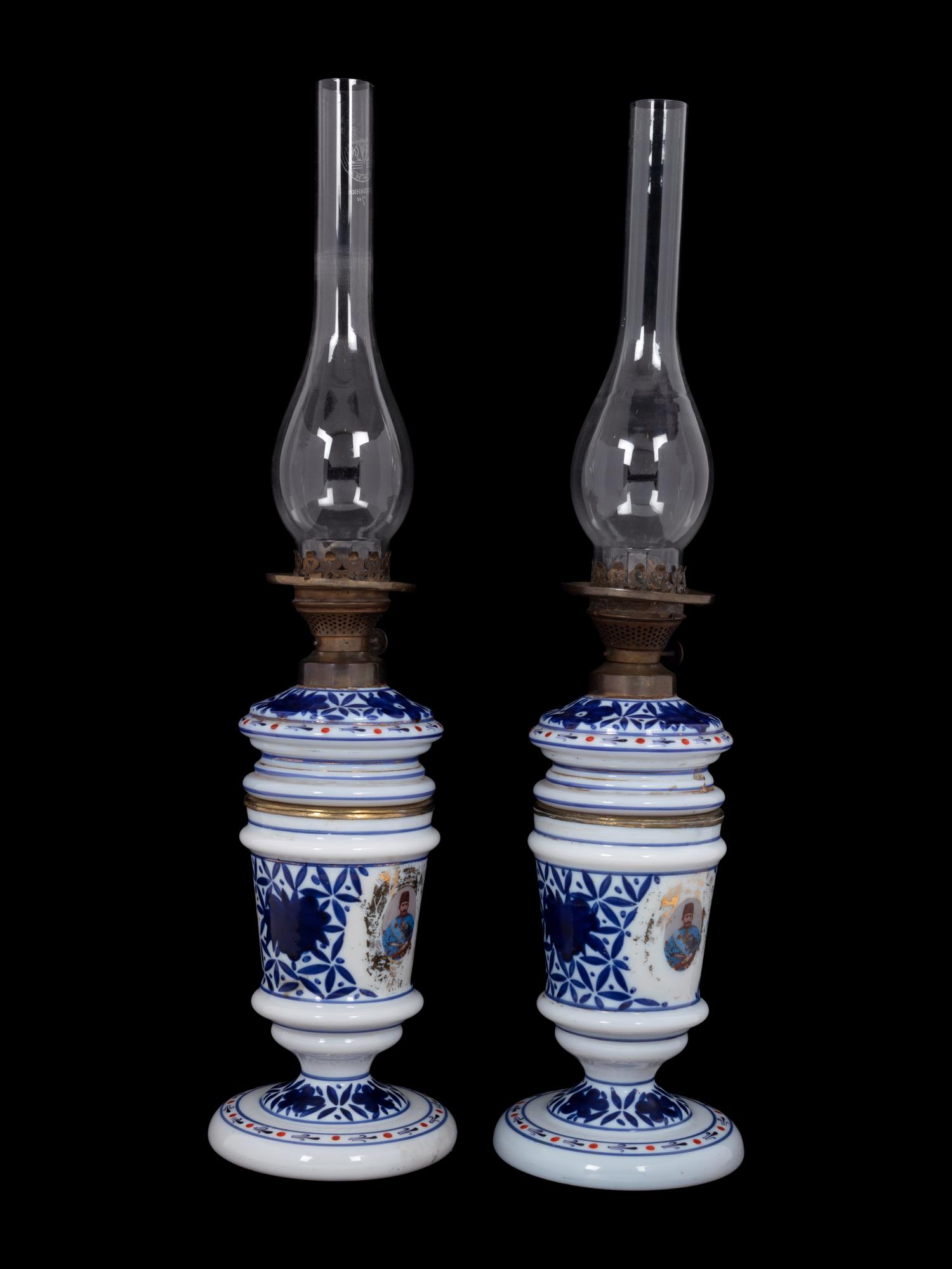 A Pair of Persian Market Opaline Glass Oil Lamps