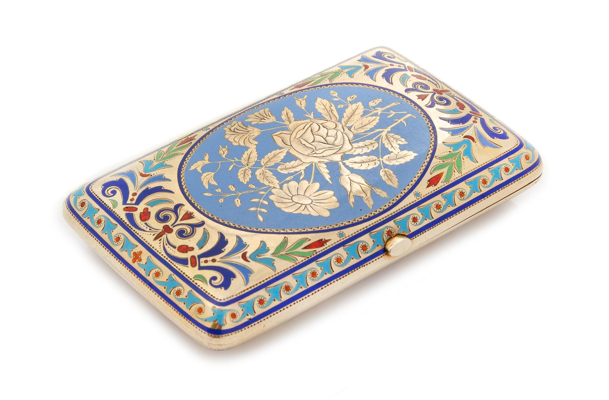A Russian Silver and Enamel Cigarette Case, Mark of Grachev Brothers with Imperial Warrant, St. Petersburg, Late 19th/Early 20th Centur