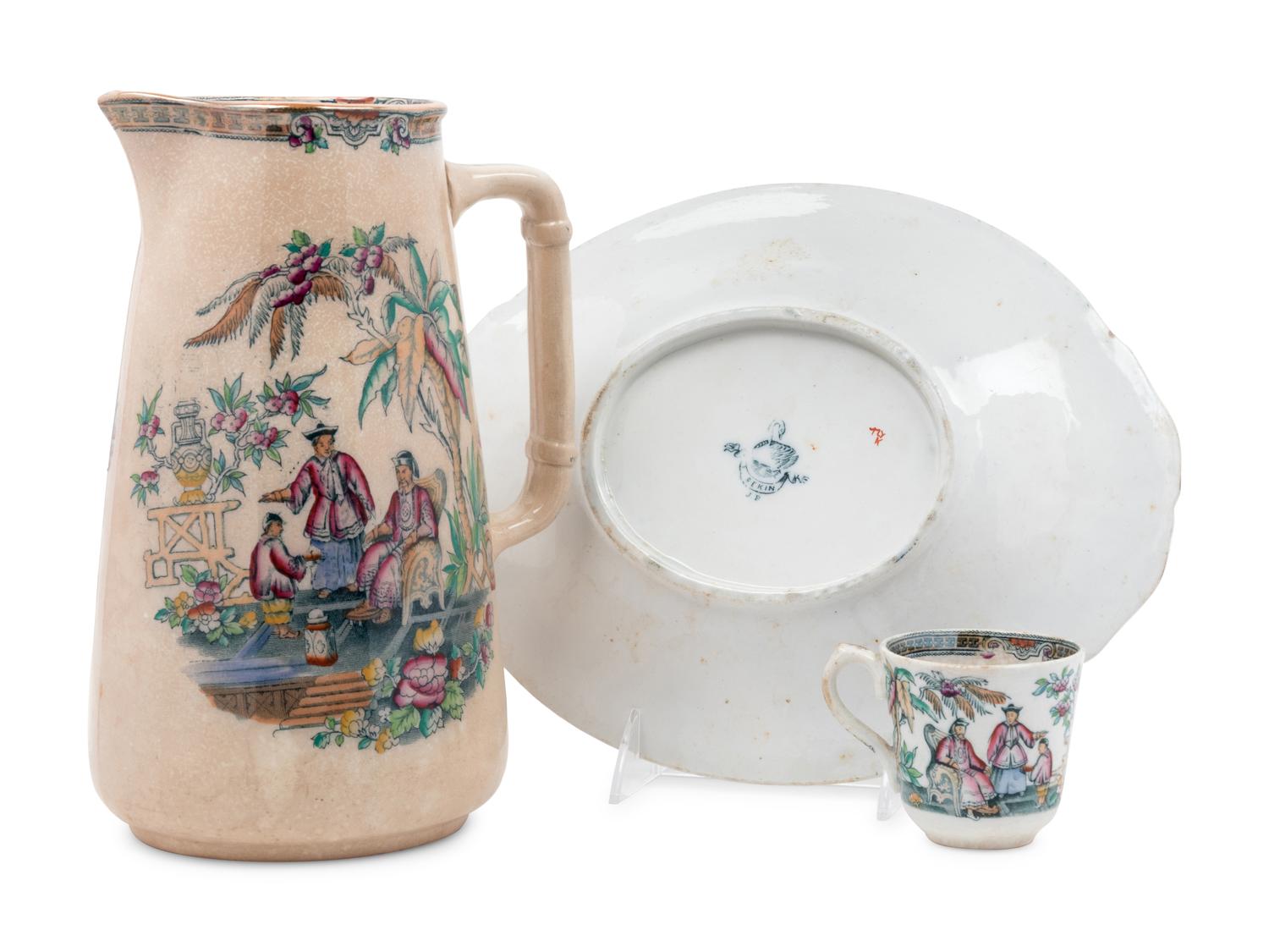 A Tunstall James Beech Pekin Decorated Pitcher, Plate and Teacup