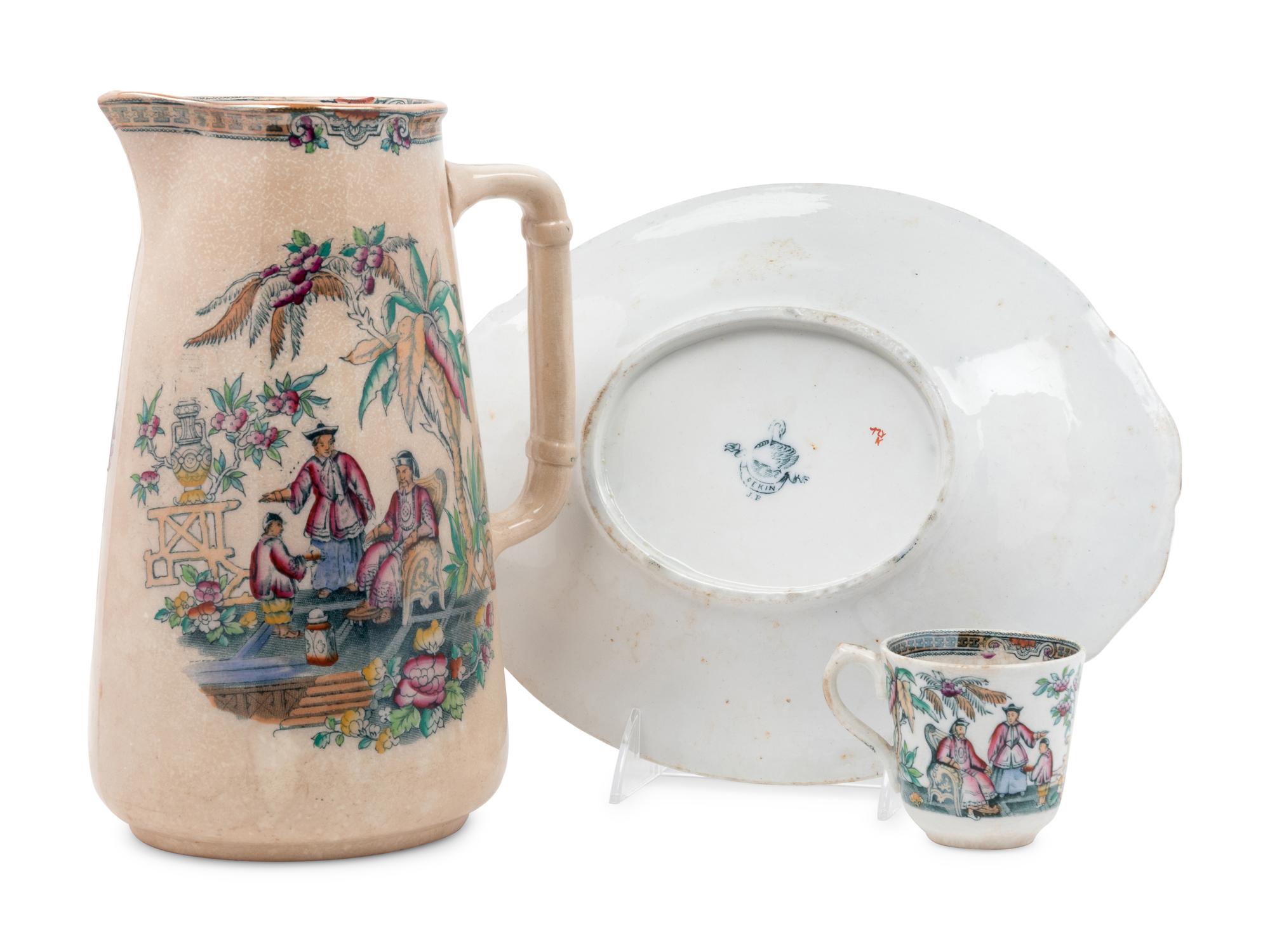 A Tunstall James Beech Pekin Decorated Pitcher, Plate and Teacup
