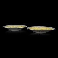 A Pair of Chinese Yellow Ground Famille Rose Porcelain 'Lotus' Plates, Late 19th/20th Century — 晚清-民國 粉彩黃地纏枝西番蓮紋賞盤一對
