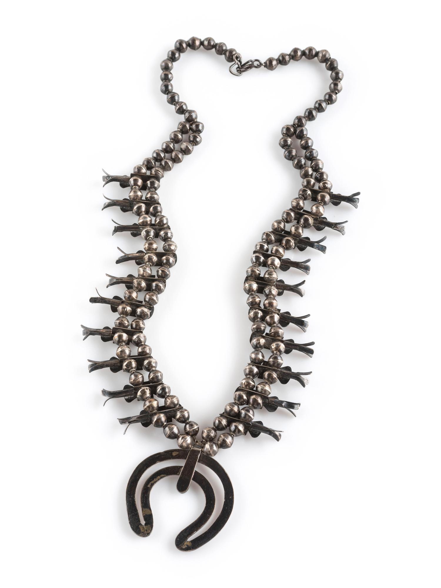Navajo Petite Silver and Turquoise Box Bow Squash Blossom Necklace