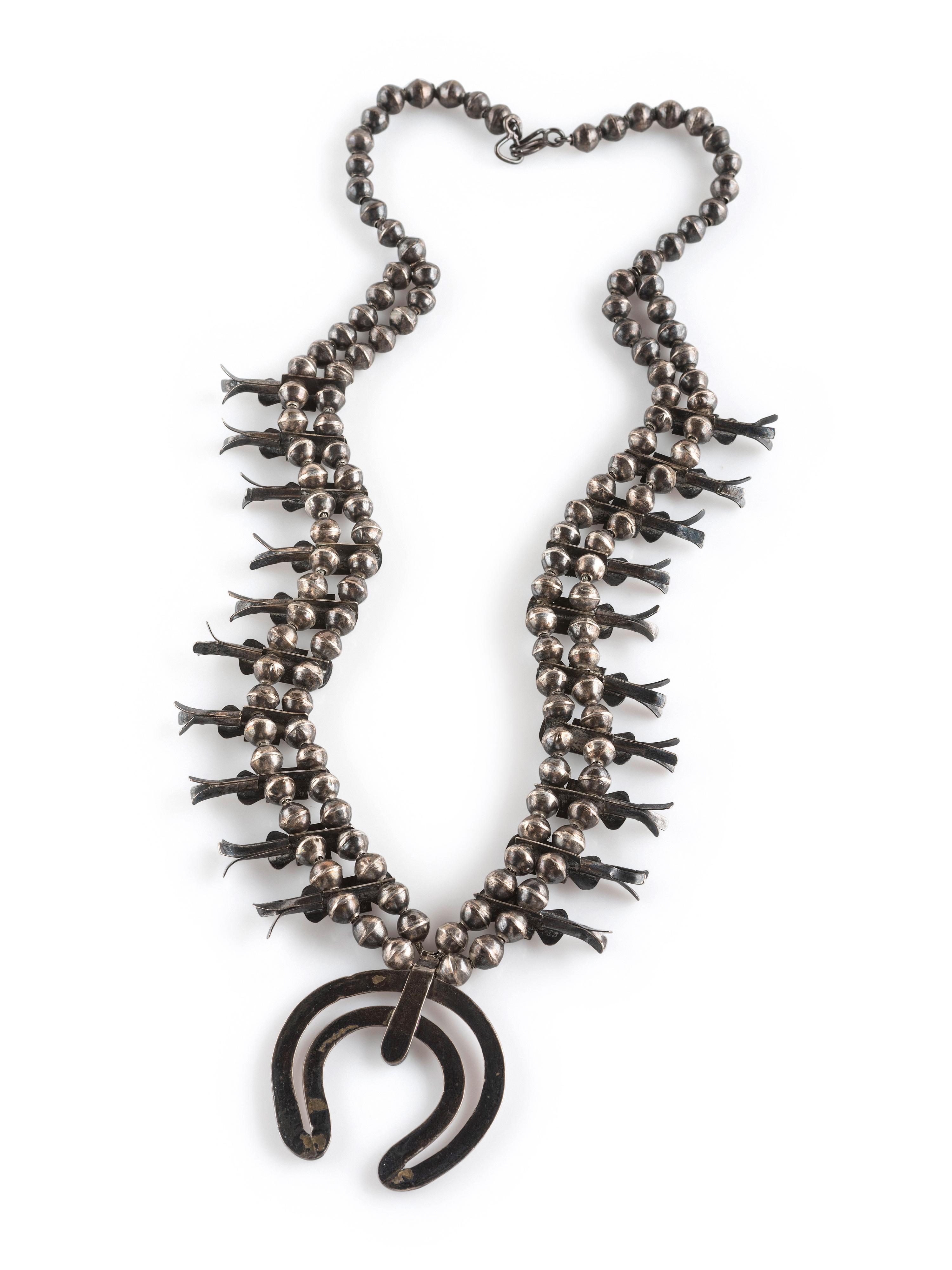 Navajo Petite Silver and Turquoise Box Bow Squash Blossom Necklace