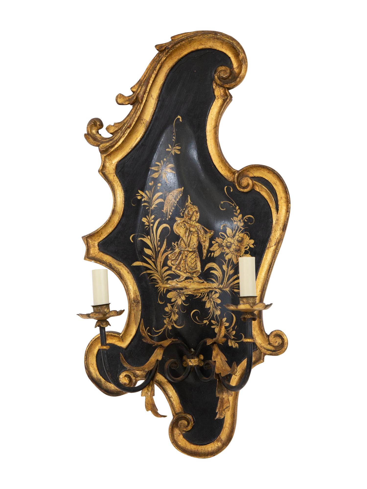 A Pair of English Japanned, Patinated and Gilt Metal Wall Sconces