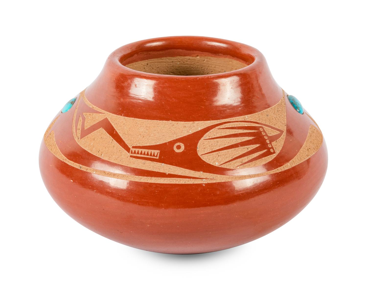 Redware Pottery Jar with Turquoise Cabochons