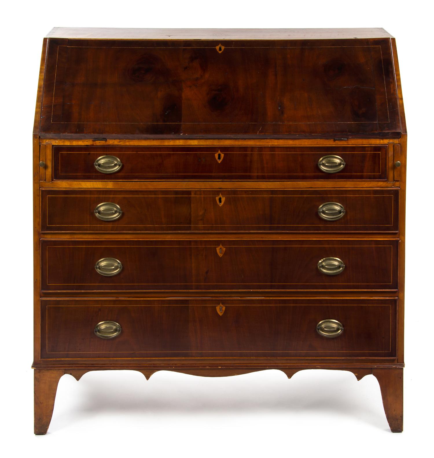 An American Satinwood Banded Mahogany Slant Front Bureau, JACOB CARTER, 1855, Height 43 1/4 x width 41 3/4 x depth 19 1/4 inches. — JACOB CARTER, 1855,