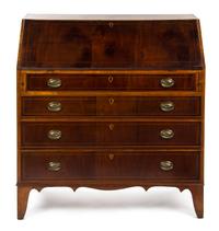 An American Satinwood Banded Mahogany Slant Front Bureau, JACOB CARTER, 1855, Height 43 1/4 x width 41 3/4 x depth 19 1/4 inches. — JACOB CARTER, 1855,