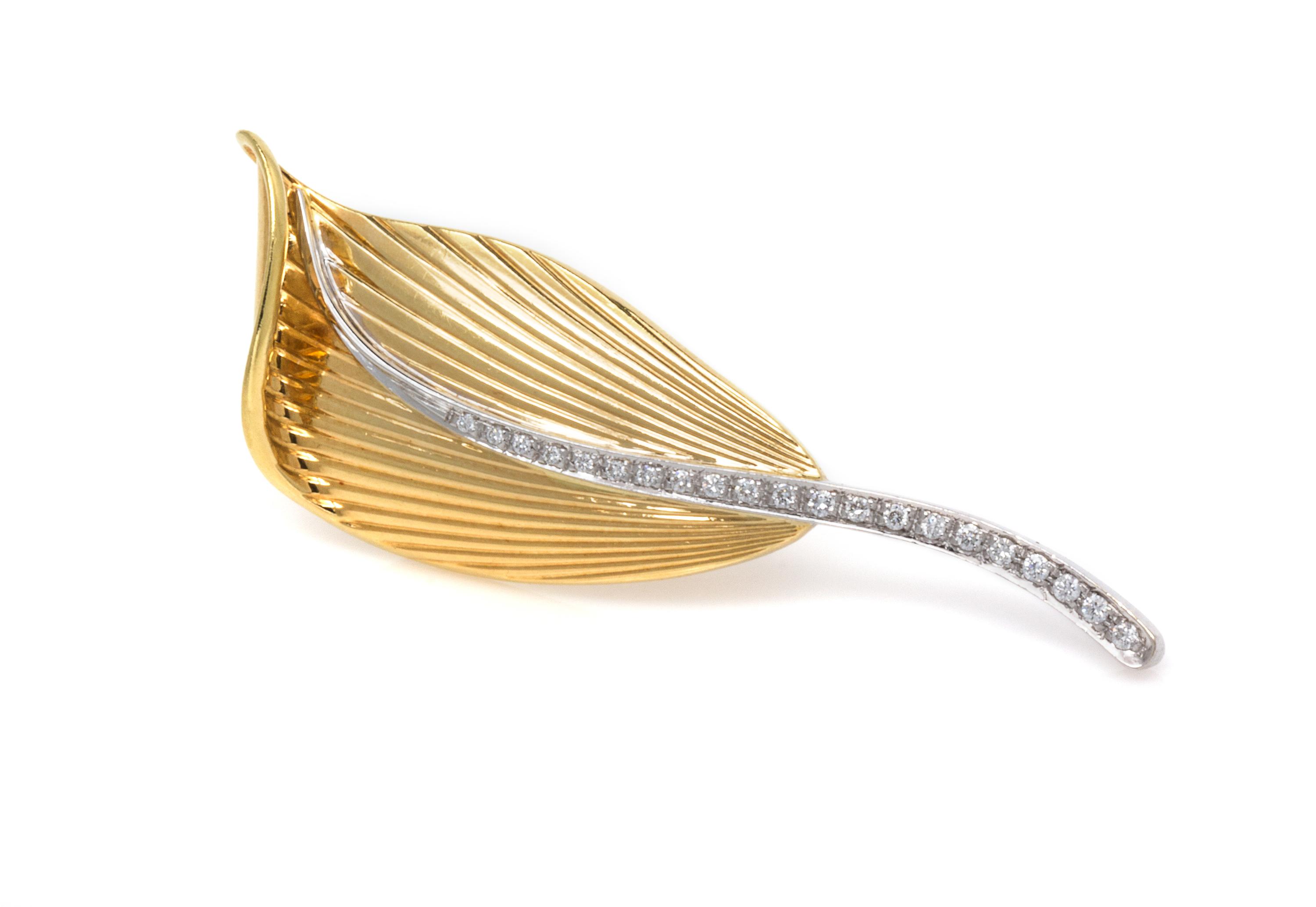 An 18 Karat Gold and Diamond Leaf Motif Brooch, 8.40 dwts.