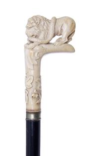 A Continental Ivory Handled Cane, Length of handle 4 1/4 x length overall 34 1/8 inches.