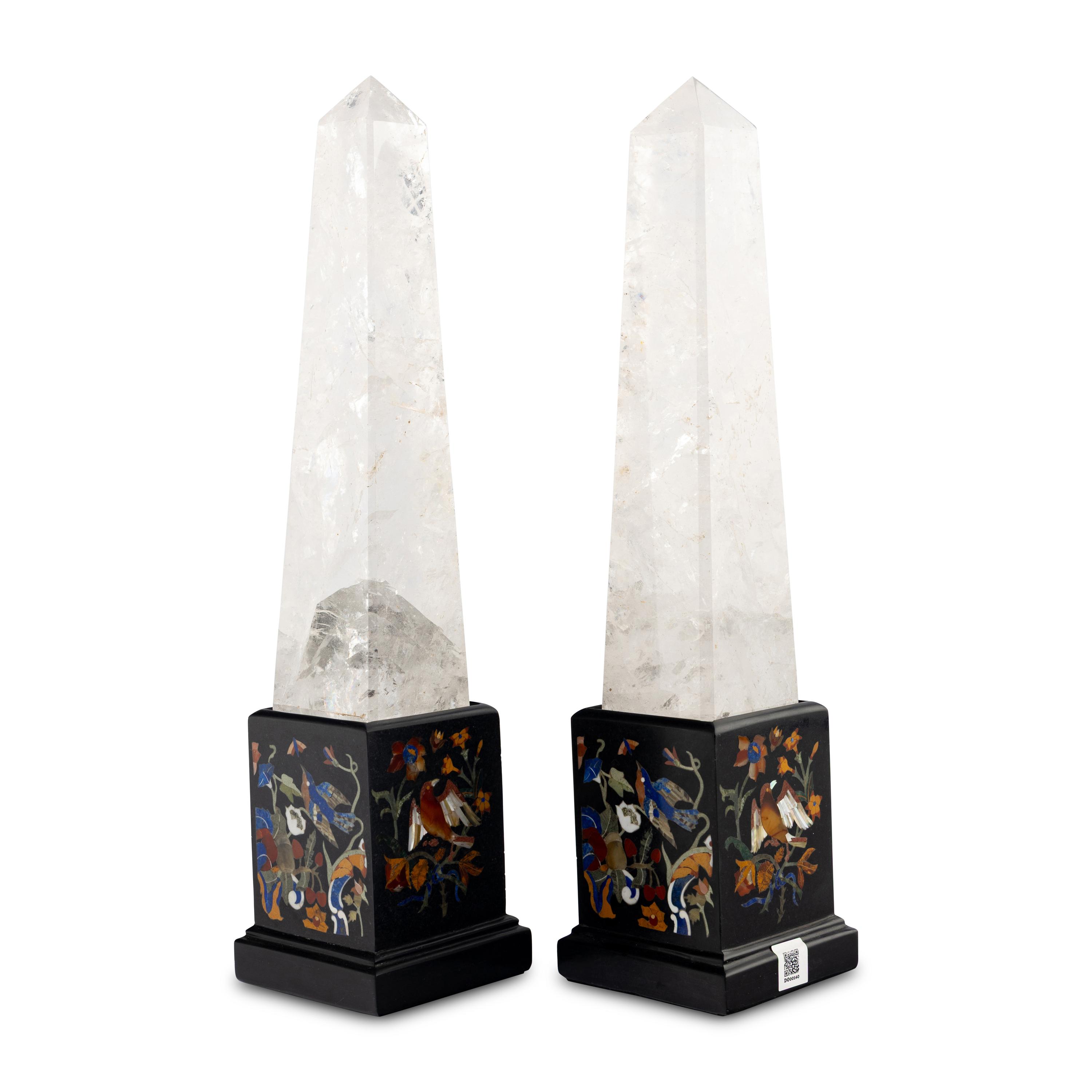 A Pair of Neoclassical Style Rock Crystal and Pietra Dura Obelisks