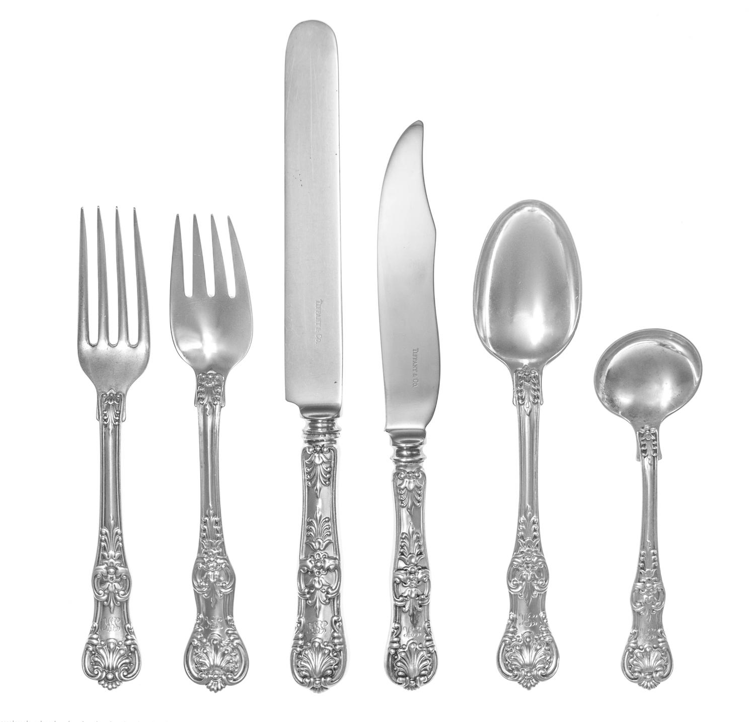 An American Silver Flatware Service, Tiffany & Co., New York, NY, English King pattern, comprising: 30 luncheon knives 12 fish knives 1