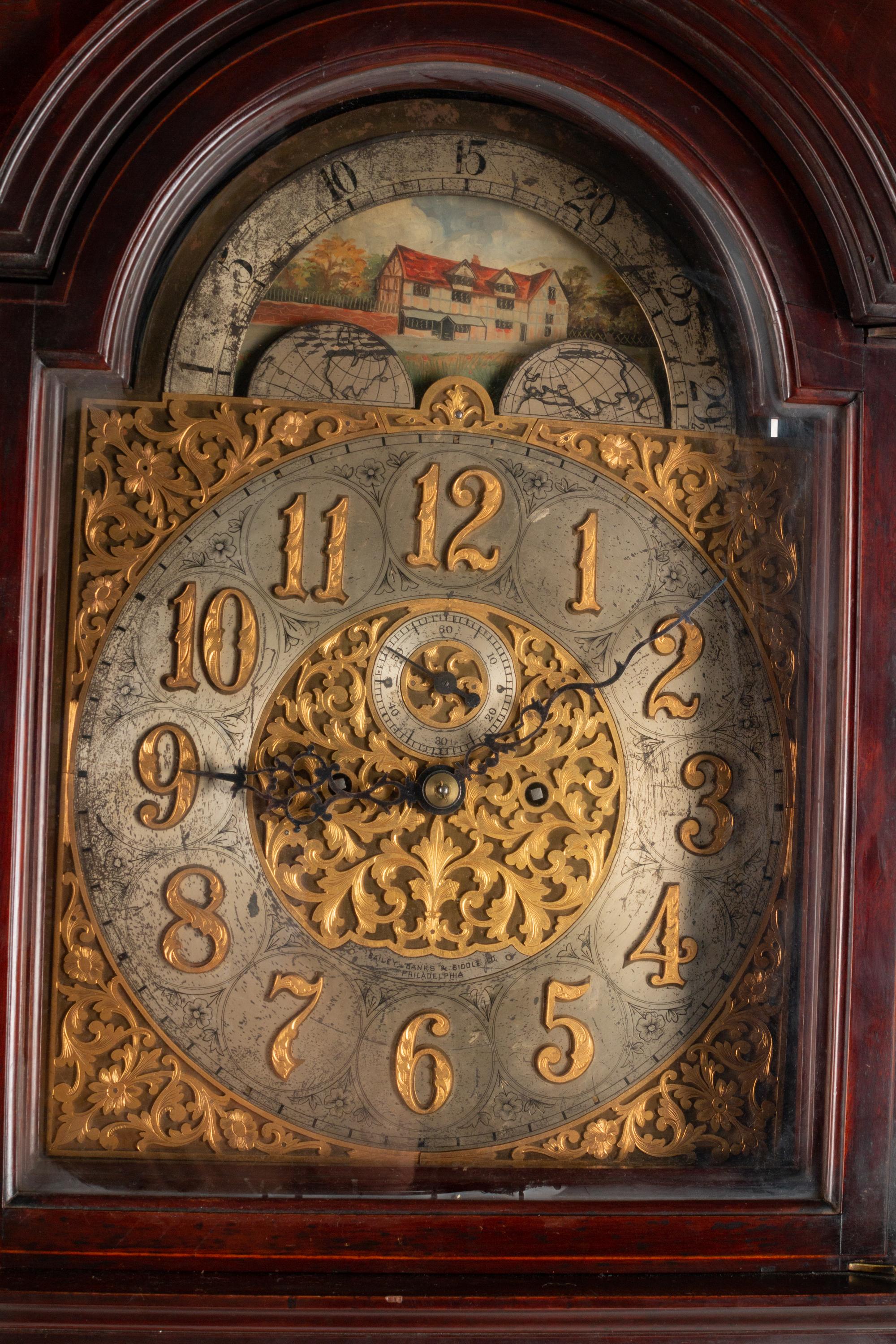 A George III Style Mahogany Longcase Clock — BAILEY, BANKS & BIDDLE, PHILADELPHIA