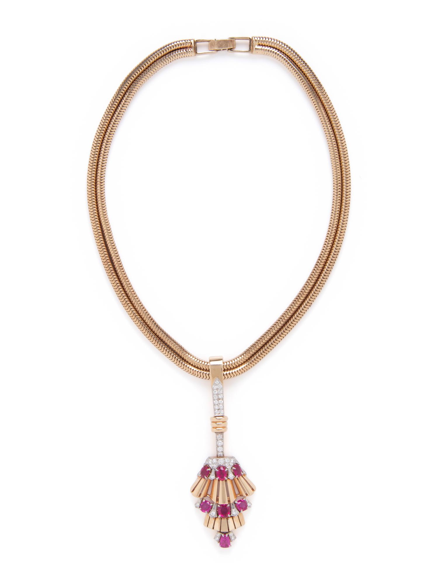 TIFFANY & CO., RETRO, RUBY AND DIAMOND PENDANT WITH GOLD CHAIN