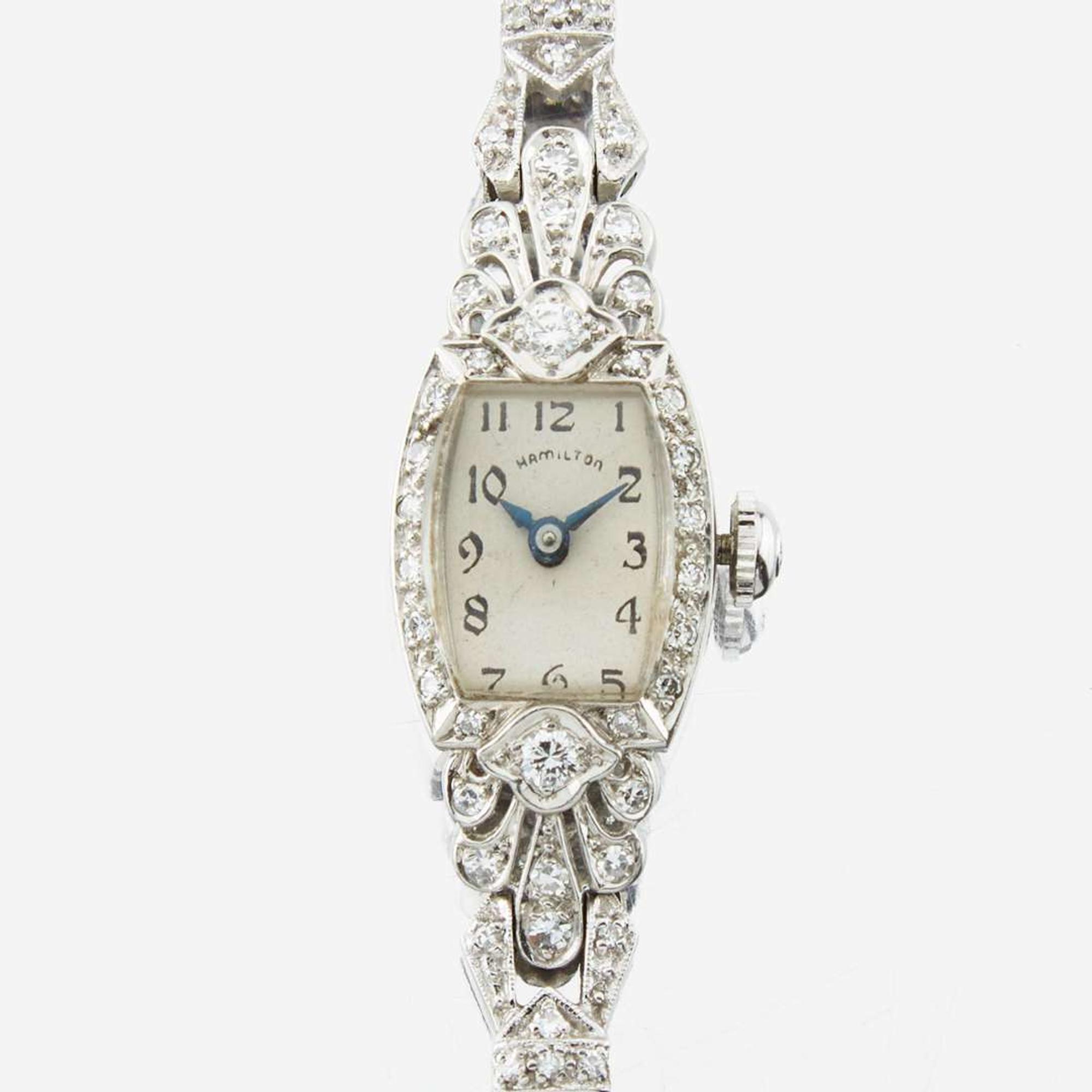 A lady's platinum and white gold diamond bracelet watch, Hamilton
