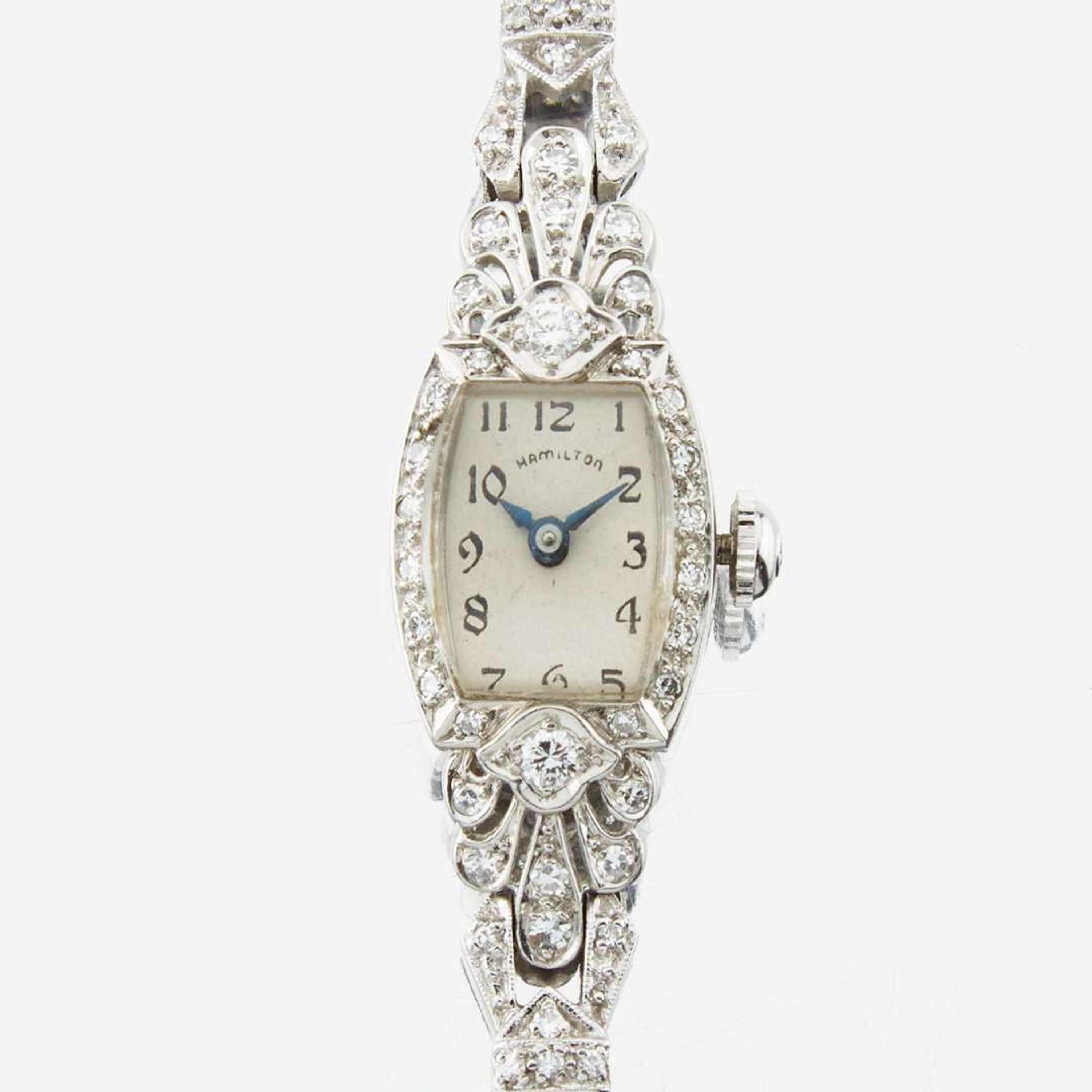 A lady's platinum and white gold diamond bracelet watch, Hamilton