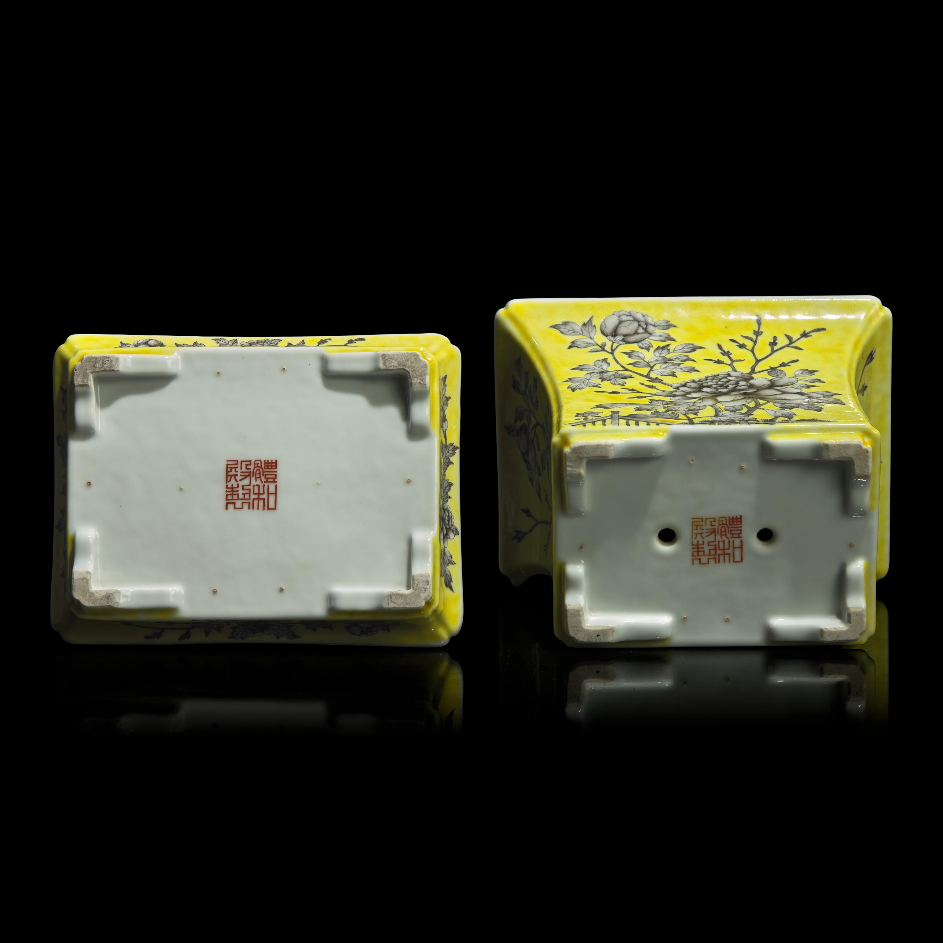 A Chinese Grisaille Decorated Yellow Ground Porcelain Rectangular 'Peony' Jardinière and Stand, Late Qing/Republic Period, Tihe Dianzhi Iron-Red Seal Mark 晚清-民國 黃地墨彩花卉紋長方水仙盆及承盤一套