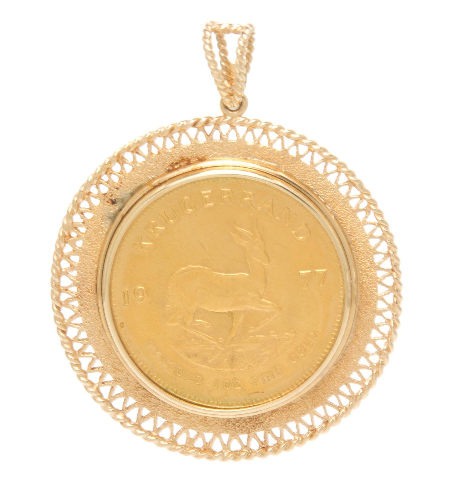A 14 Karat Yellow Gold and South African Krugerrand Gold Coin Pendant, 29.20 dwts.