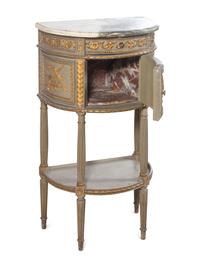 A Louis XVI Style Painted and Parcel Gilt Marble-Top Demilune Commode