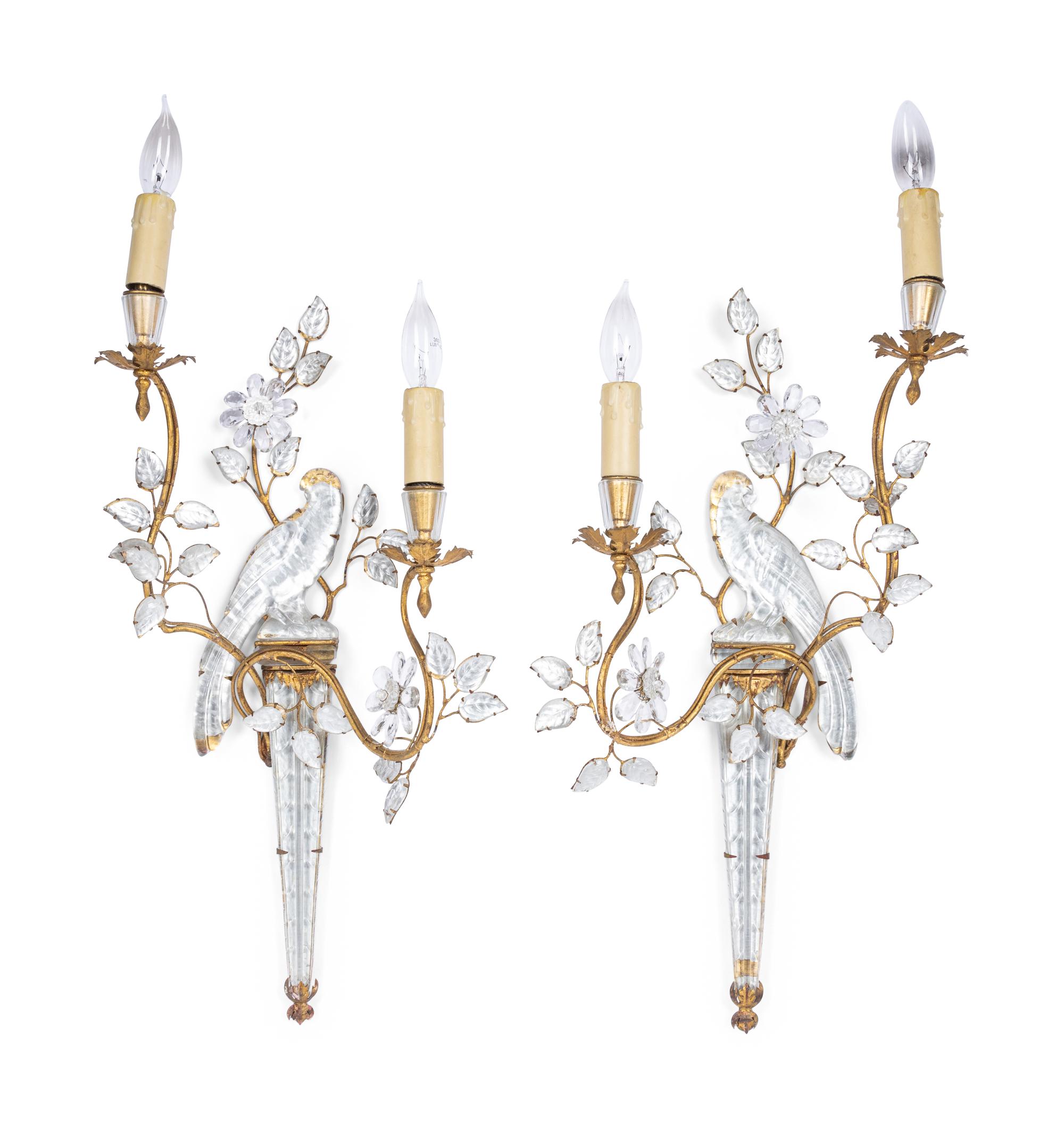 A Pair of Gilt Metal and Glass Two-Light Sconces in the Style of Maison Baguès