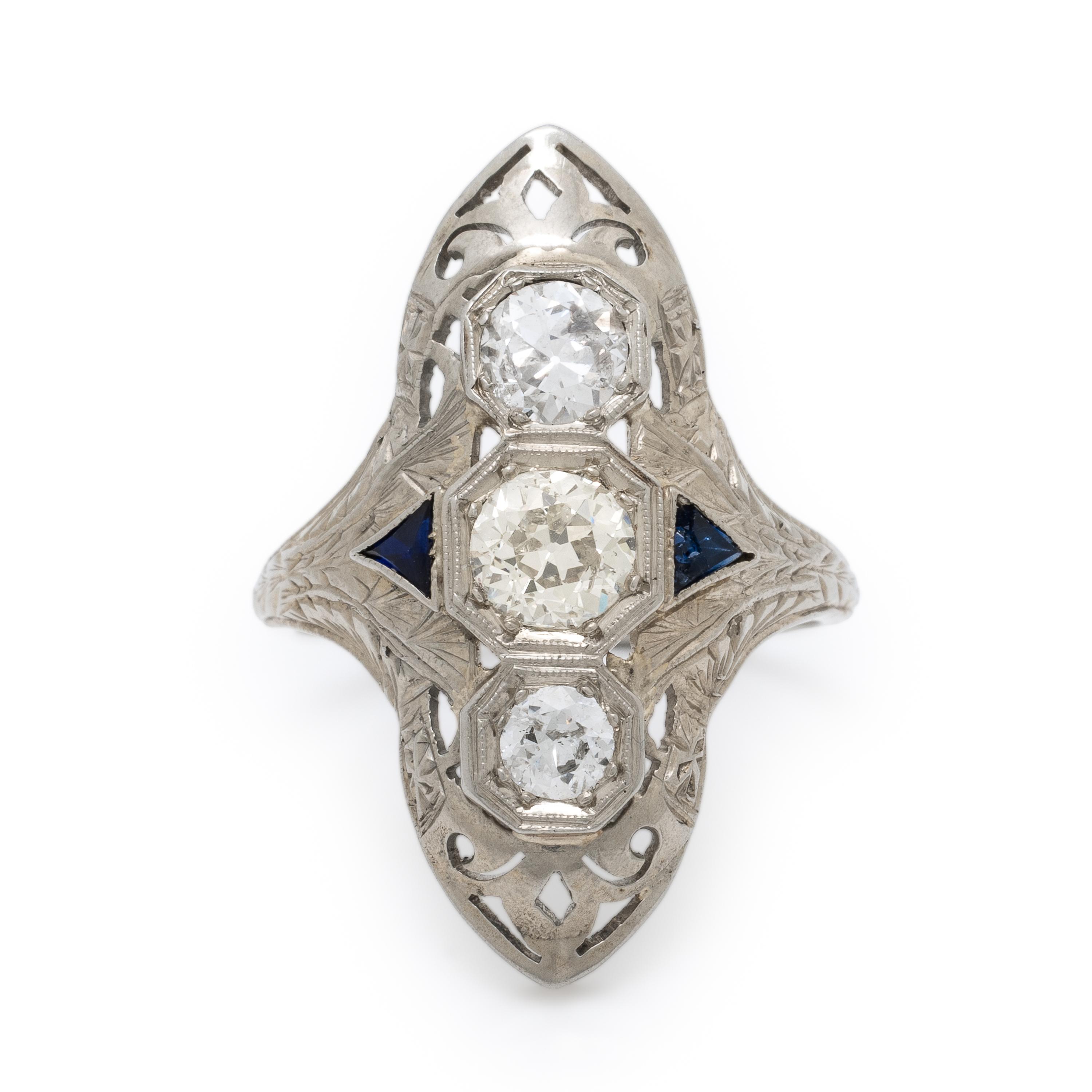Diamond, Synthetic Sapphire, and White Gold Ring