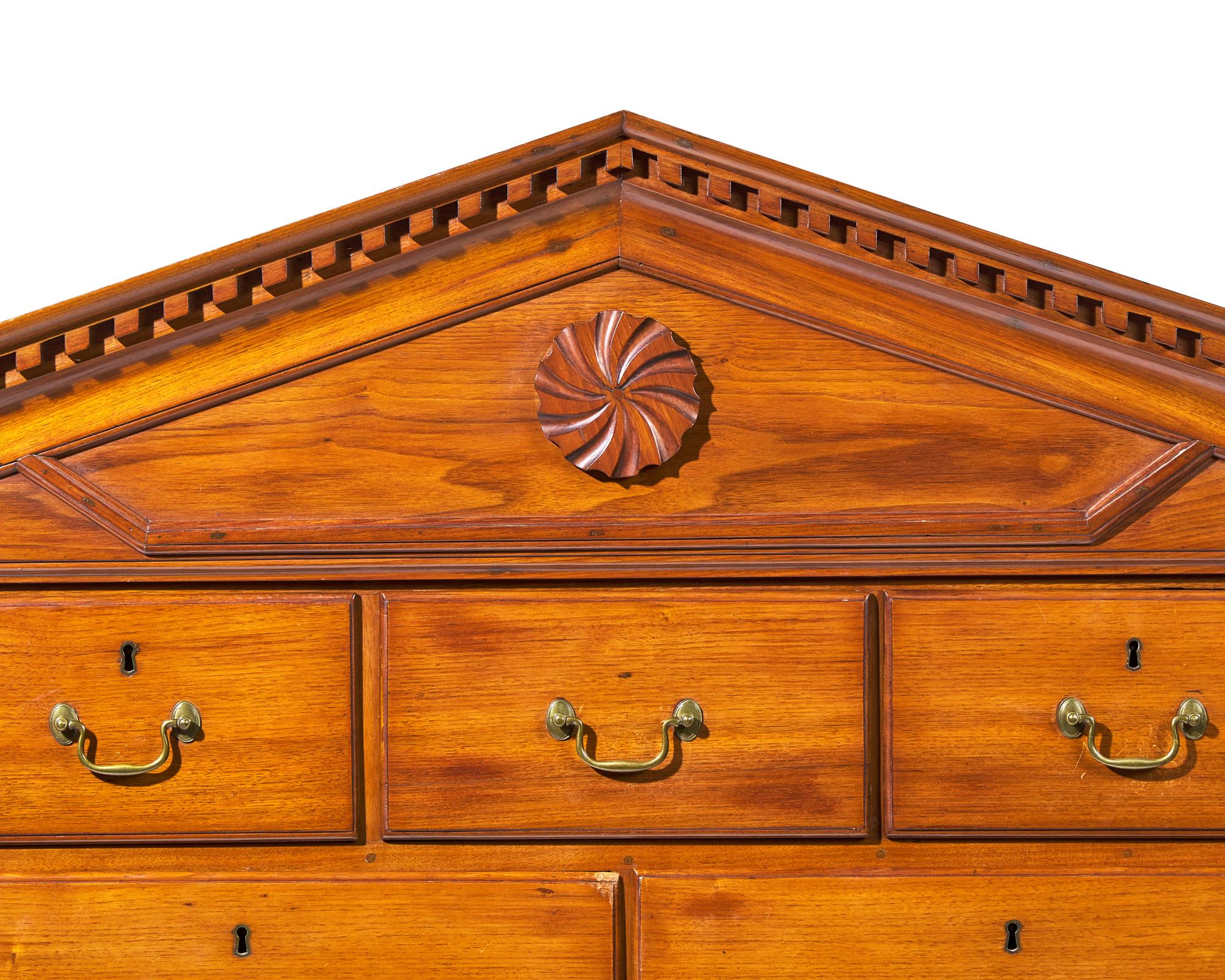 A Rare Federal Carved Butternut or Walnut Peaked Pediment Tall Chest