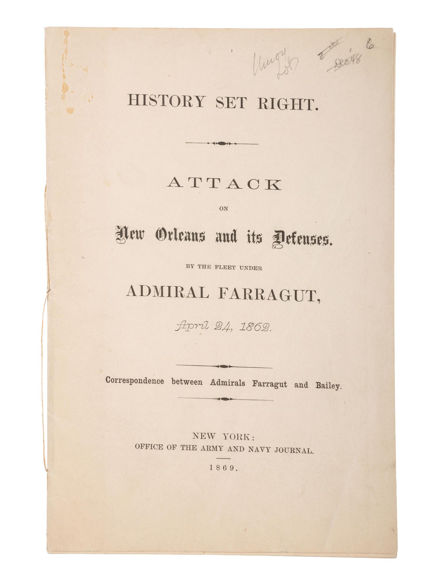[CIVIL WAR]. FARRAGUT, David Glasgow (1801-1870). Autograph note signed ("D.G. Farragut"), as Rear Admiral. 13 May 1863.