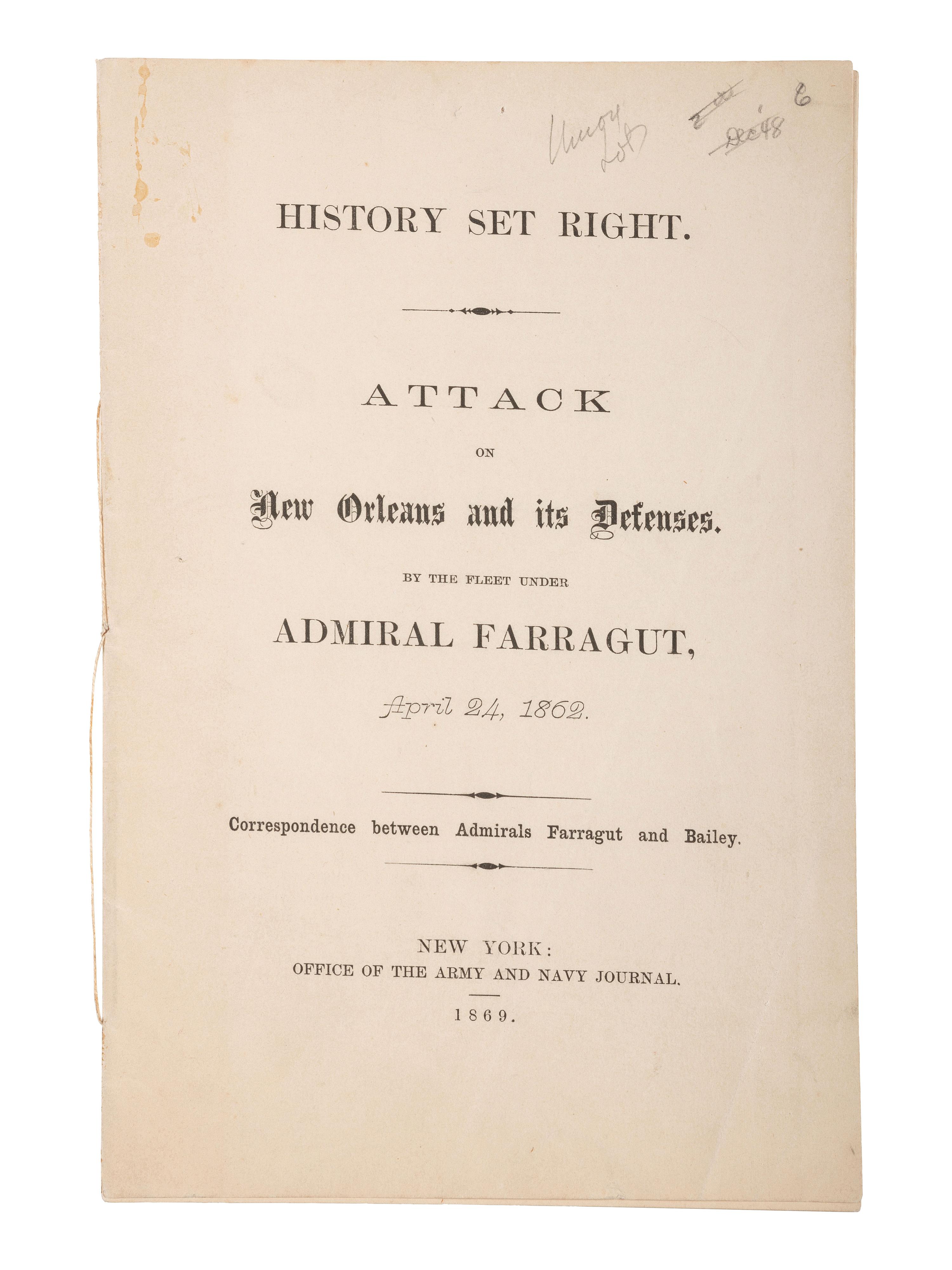 [CIVIL WAR]. FARRAGUT, David Glasgow (1801-1870). Autograph note signed ("D.G. Farragut"), as Rear Admiral. 13 May 1863.