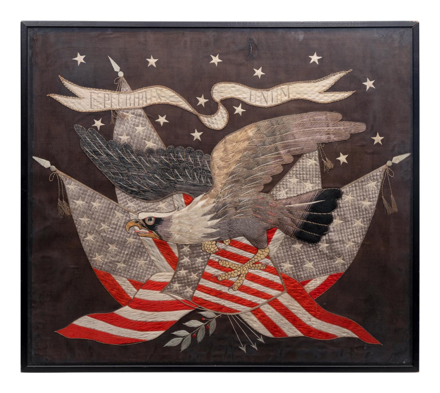 A Japanese Export Silk and Metallic Thread Embroidered Seal of the United States Panel