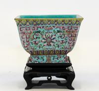 A Famille Rose Porcelain Square Bowl Height 3 1/2 inches.
