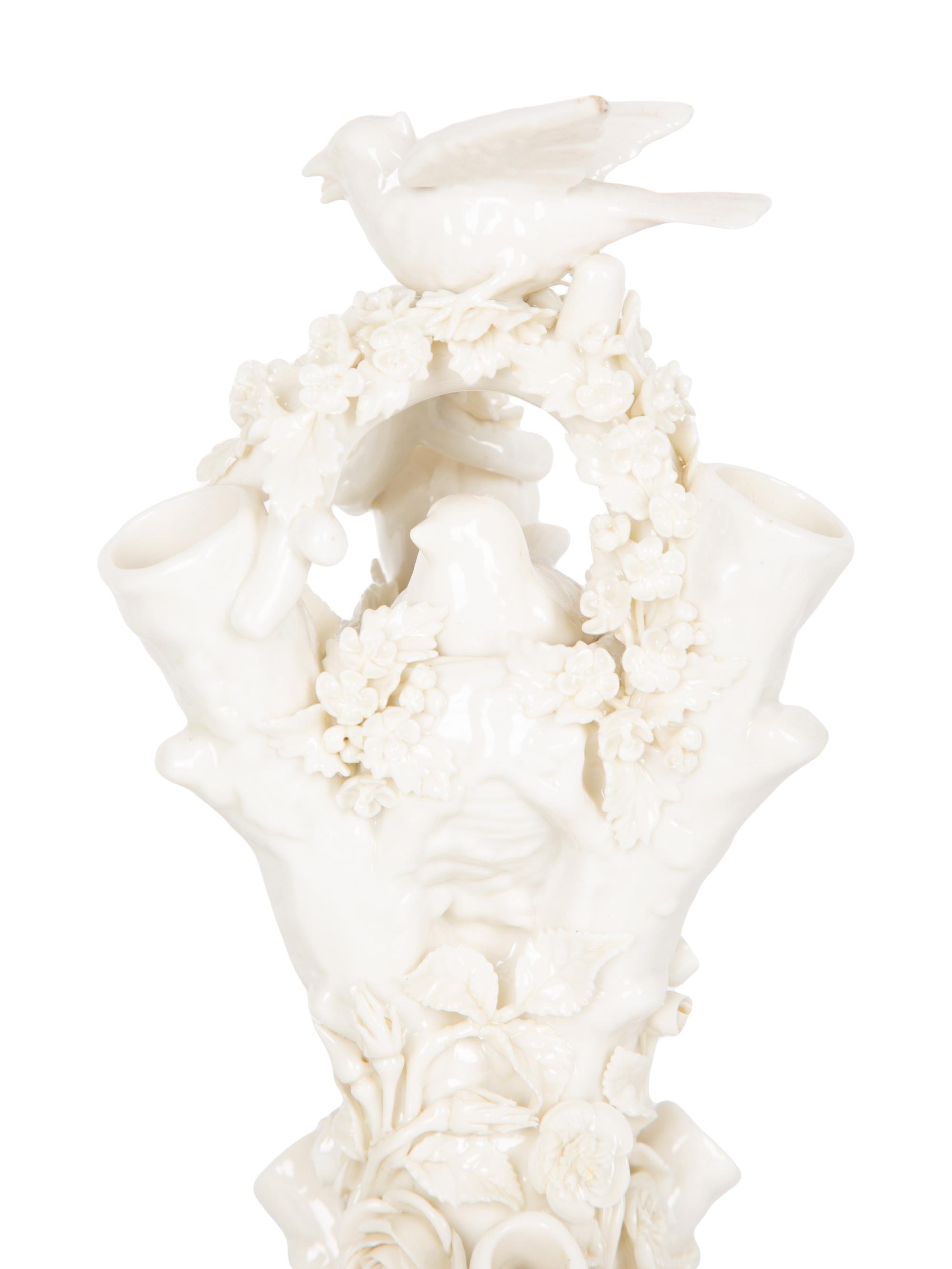 A Pair of Irish Belleek White Porcelain Bird's Nest Tree Stump Vases — LATE 19TH/EARLY 20TH CENTURY