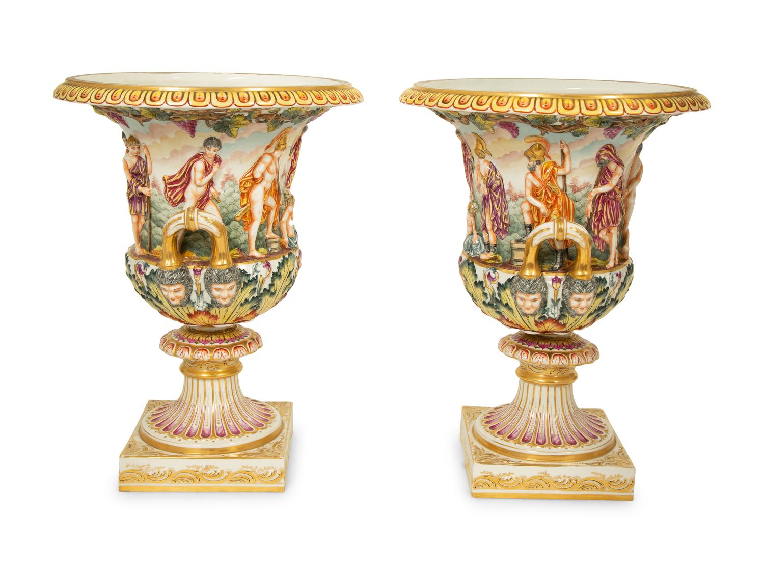 A Pair of Capodimonti Campana-Form Relief Molded Urns — 19TH CENTURY