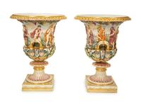 A Pair of Capodimonti Campana-Form Relief Molded Urns — 19TH CENTURY