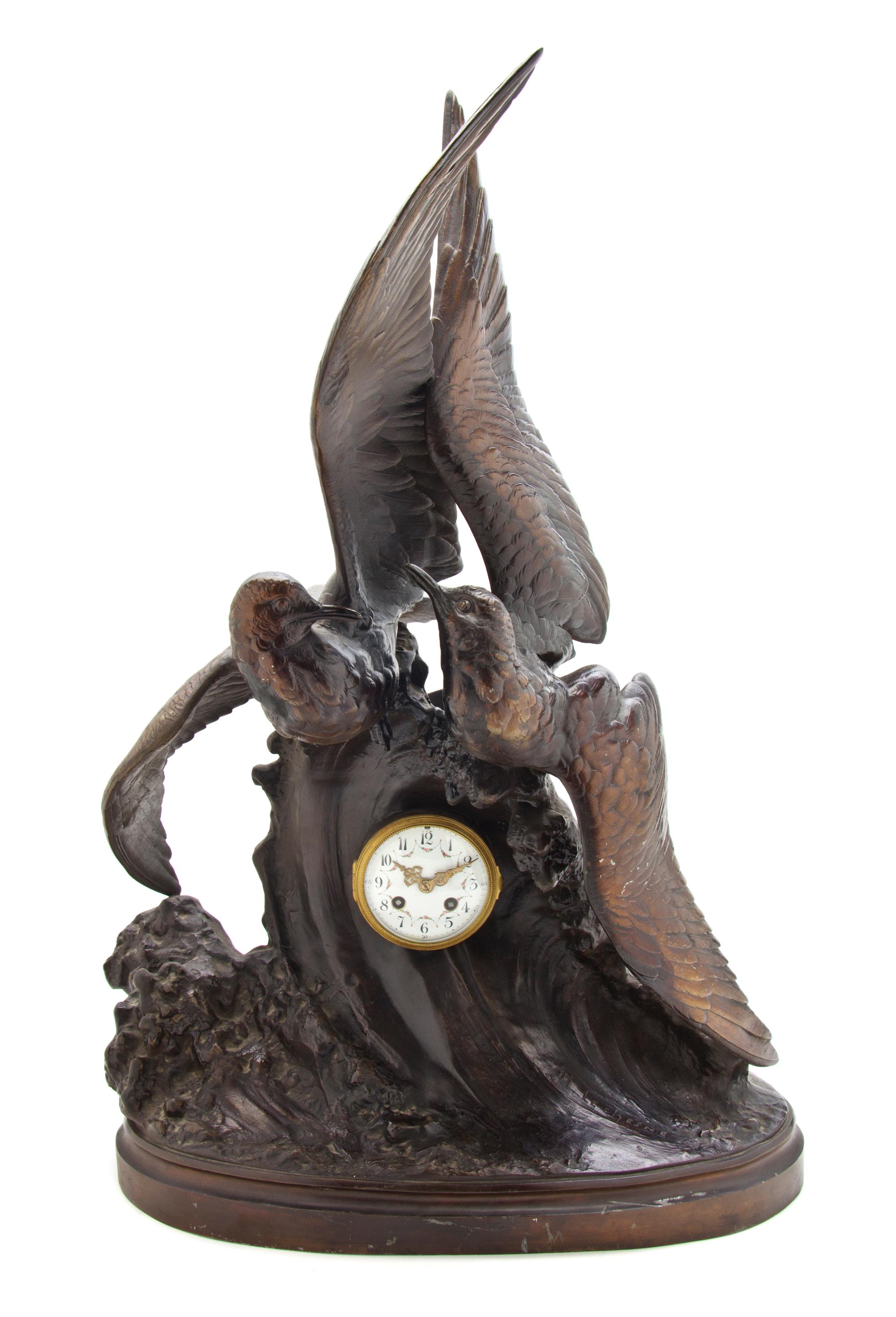 A French Bronzed Metal Figural Clock, Auguste Lechesne (1815-1888), Height 29 1/2 inches.