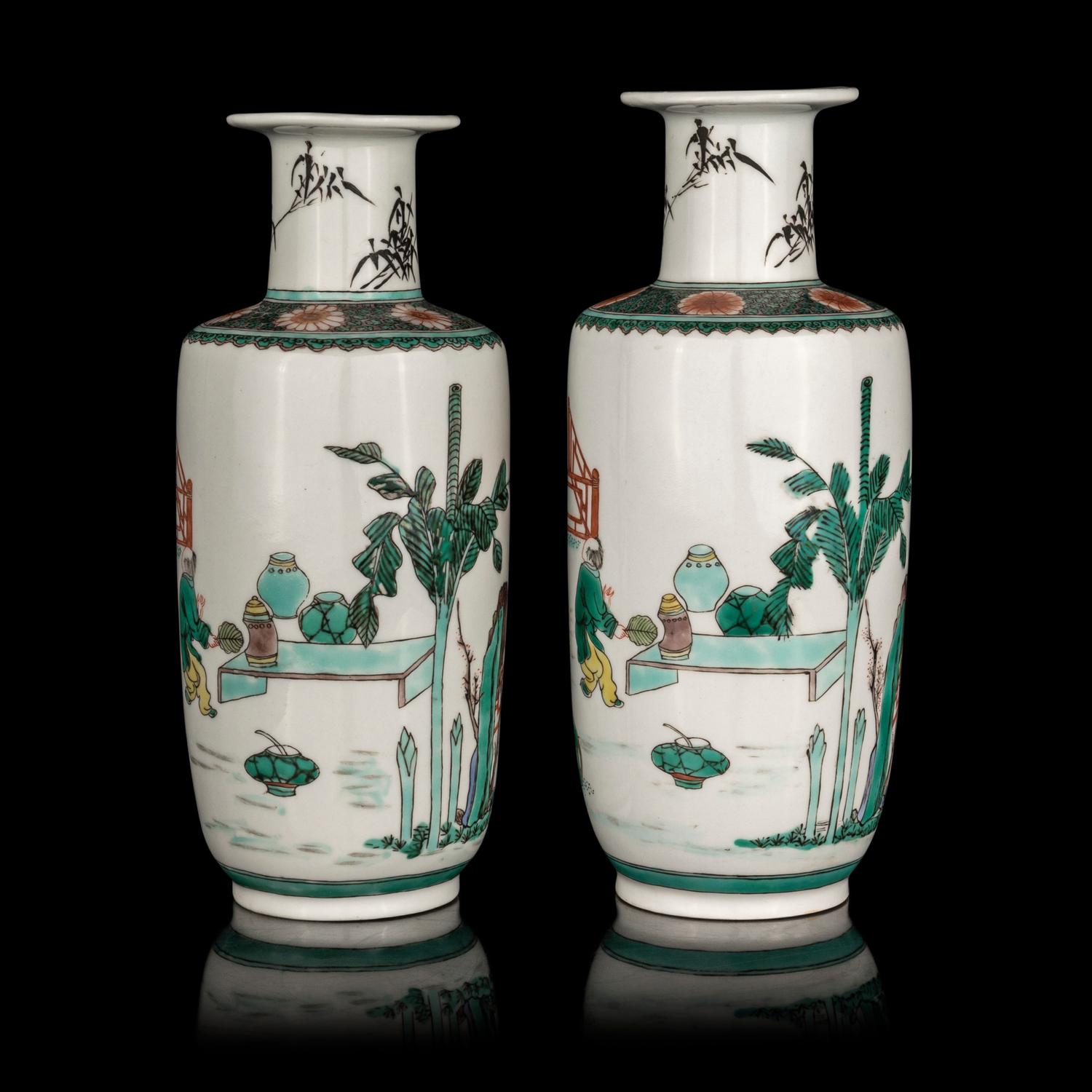 A Pair of Chinese Famille Verte Porcelain Rouleau Vases