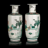 A Pair of Chinese Famille Verte Porcelain Rouleau Vases