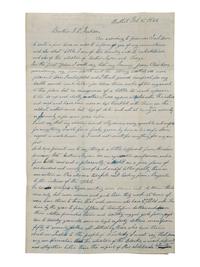 [SLAVERY & ABOLITION]. NORTH, Thomas. Autograph letter signed ("Thos. North"). Bethel, KY, 8 February 1844. Extensive discussion of Ohio abolitionists and enslavement in Kentucky.