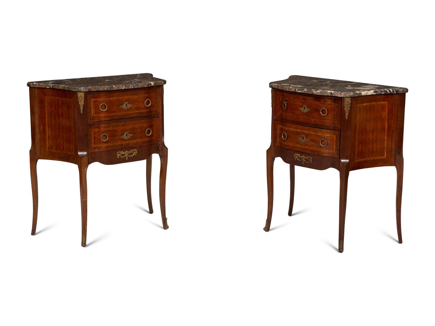 A Pair of Louis XV/XVI Transitional Style Gilt Metal Mounted Marquetry Marble-Top Side Tables
