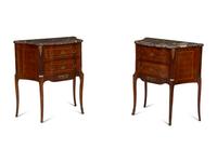 A Pair of Louis XV/XVI Transitional Style Gilt Metal Mounted Marquetry Marble-Top Side Tables