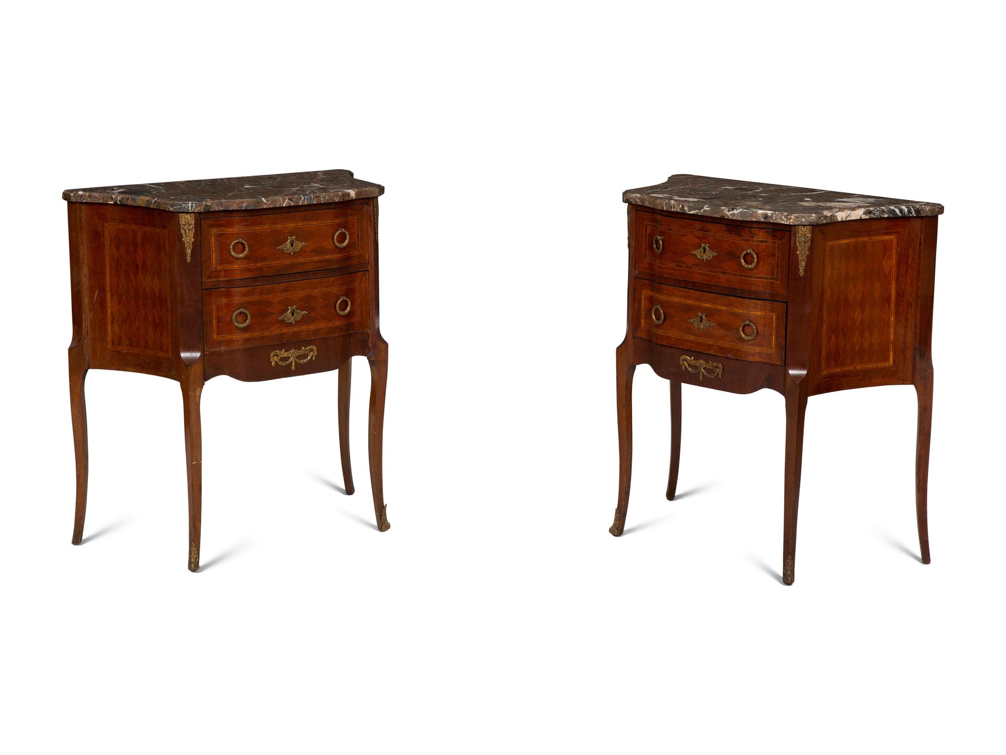 A Pair of Louis XV/XVI Transitional Style Gilt Metal Mounted Marquetry Marble-Top Side Tables