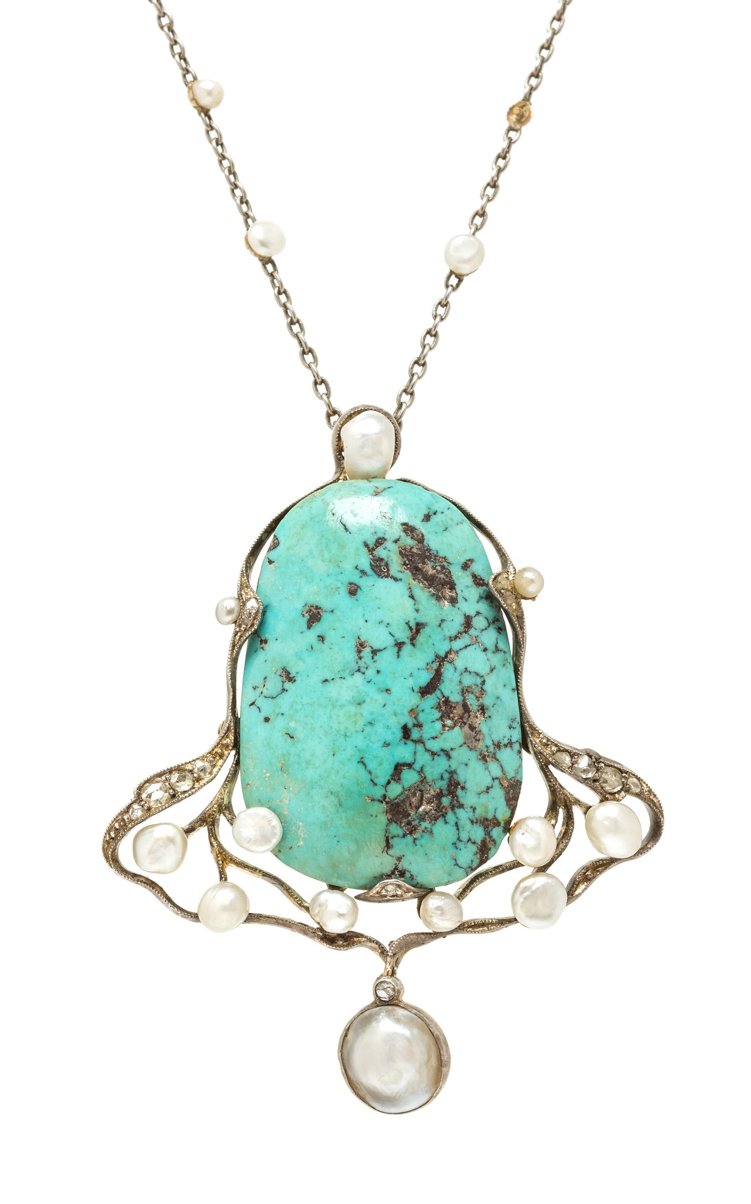 An Art Nouveau Silver Topped Gold, Turquoise, Pearl and Diamond Pendant Necklace, 12.40 dwts.