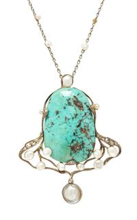An Art Nouveau Silver Topped Gold, Turquoise, Pearl and Diamond Pendant Necklace, 12.40 dwts.