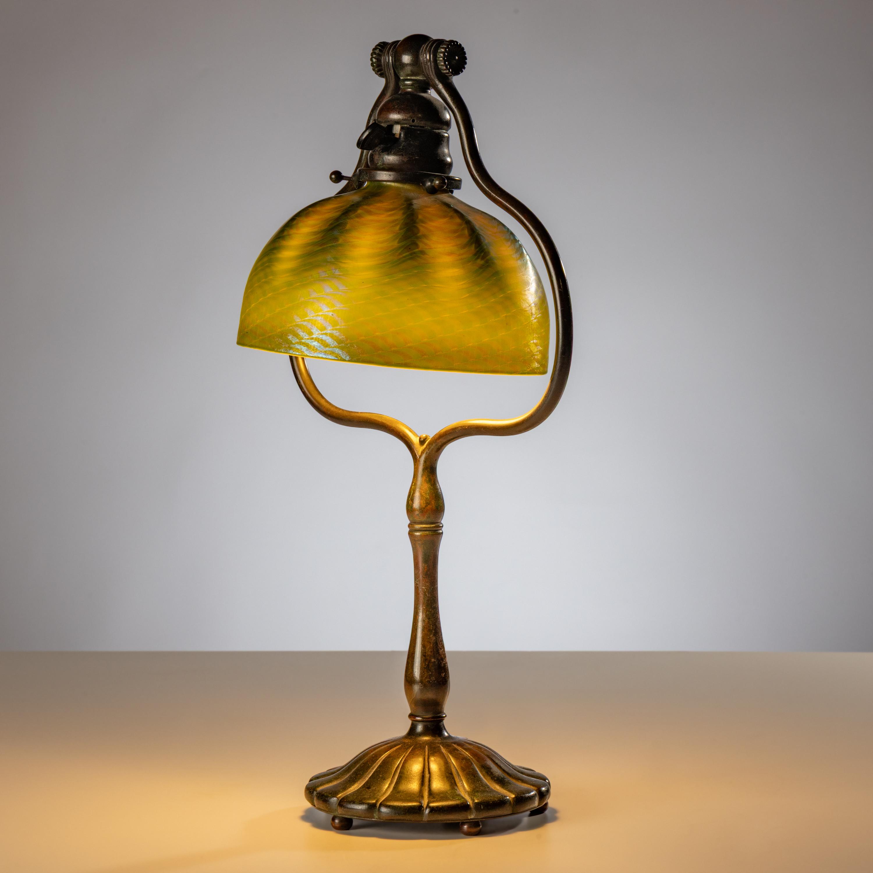 Tiffany Studios New York (American, 1880–1930) — Harp Table Lamp with Damascene Favrile shade, c. 1910