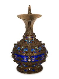 A Continental Enameled and Gem-Encrusted Silver-Gilt Wine Ewer