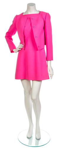 A Courreges Pink Wool Dress Ensemble, Jacket size 36, dress size 38.